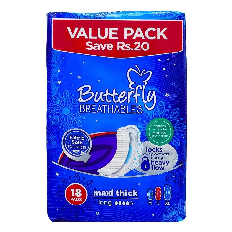 Butterfly Breathables Maxi Thin Pads, Large, 18-Pack